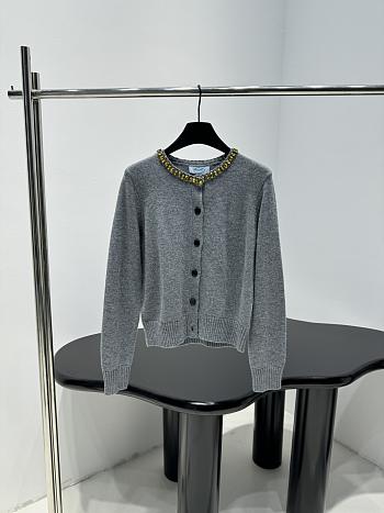 PRADA | Wool Rhinestone Crew Neck Cardigan Gray