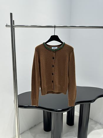 PRADA | Wool Rhinestone Crew Neck Cardigan Brown 