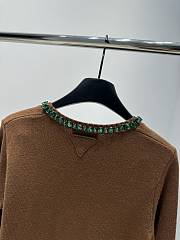 PRADA | Wool Rhinestone Crew Neck Cardigan Brown  - 3