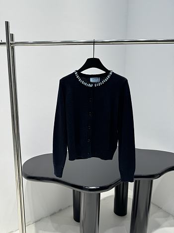 PRADA | Wool Rhinestone Crew Neck Cardigan Black