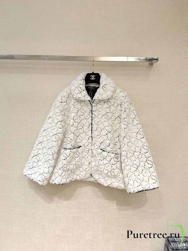 CHANEL | Sequin Logo Faux Fur Collar Jacket with Hook and Loop Design White - 1