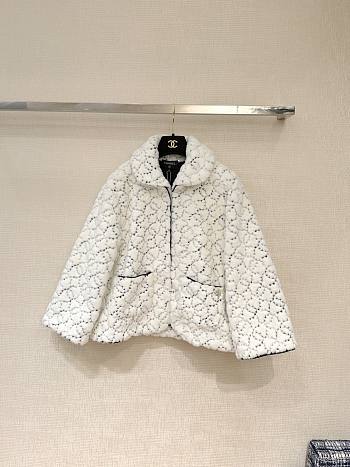CHANEL | Sequin Logo Faux Fur Collar Jacket with Hook and Loop Design White