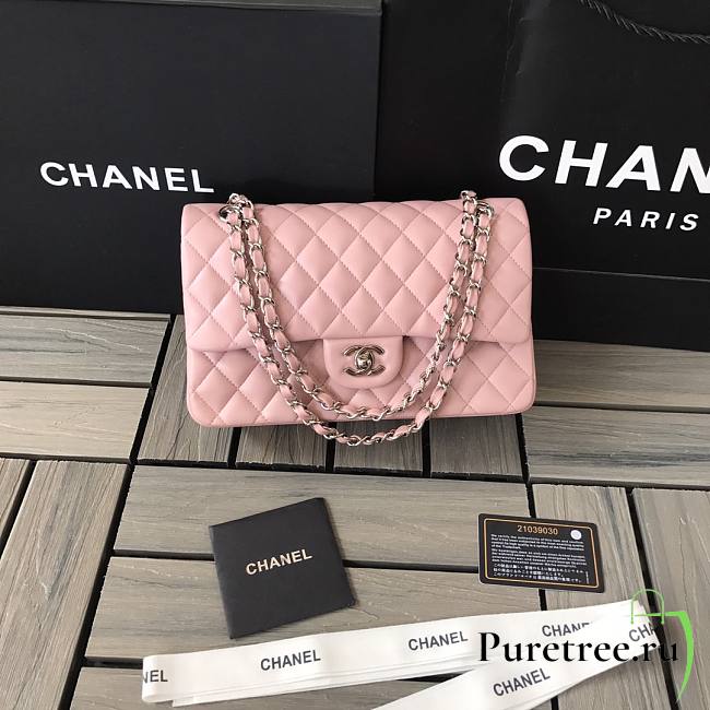 CHANEL | Classic Flap Chain Bag Lambskin Pink Silver - A01112- 25cm - 1