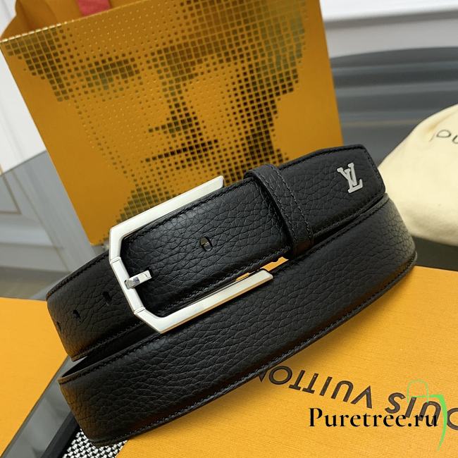LOUIS VUITTON | Heritage belt grain leather silver hardware 3.5 cm in black - 1