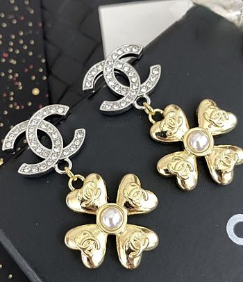 Chanel Double C Pendant Gold Four-Leaf Clover Earrings