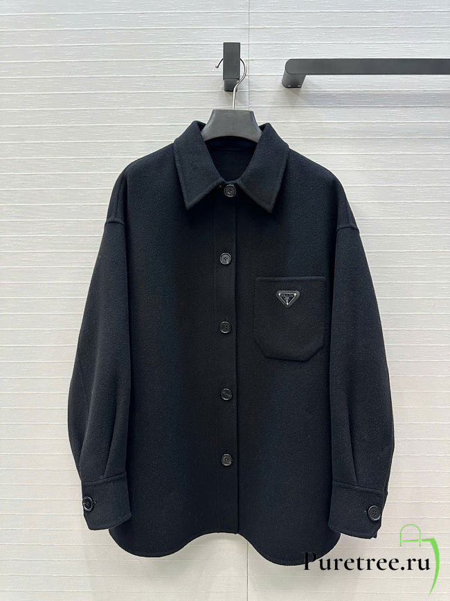 Prada Solid colour single-breasted logo decorated lon Jacket Black - 1