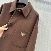 Prada Solid colour single-breasted logo decorated lon Jacket Brown - 3