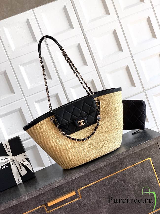 CHANEL | Large shopping bag Braided straw Beige & Black - 1