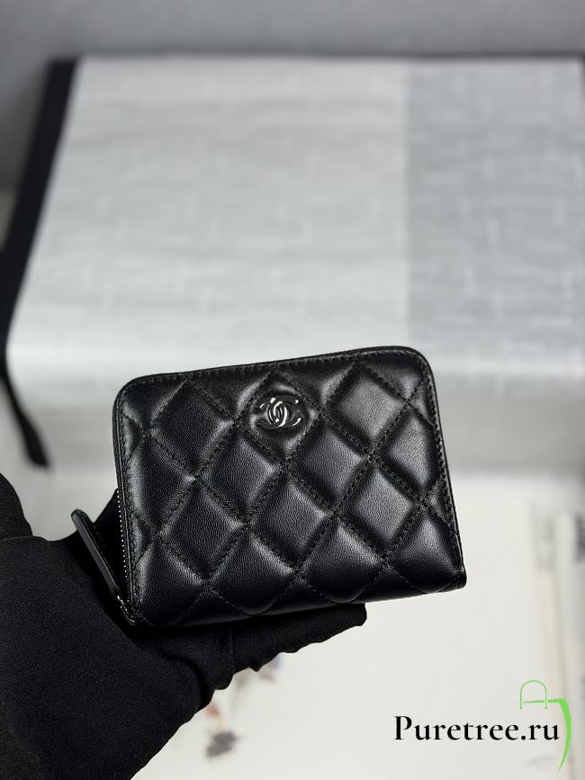 CHANEL | Zippered Coin Case Lambskin Silver Hardware Black - 1