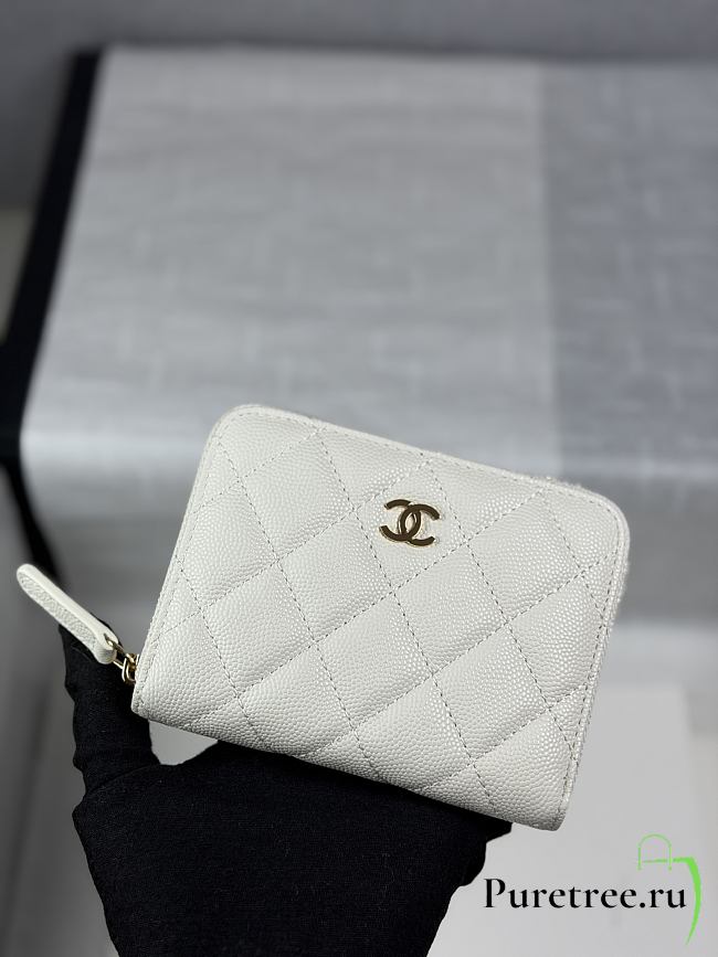 CHANEL | Zippered Coin Case Carviar Gold Hardware White - 1