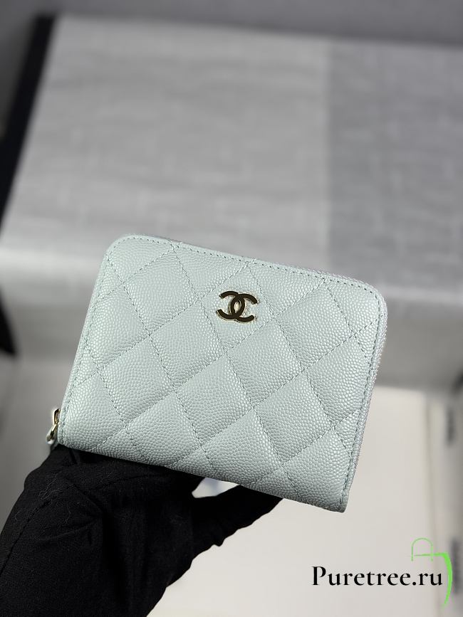 CHANEL | Zippered Coin Case Carviar Gold Hardware Light Blue - 1