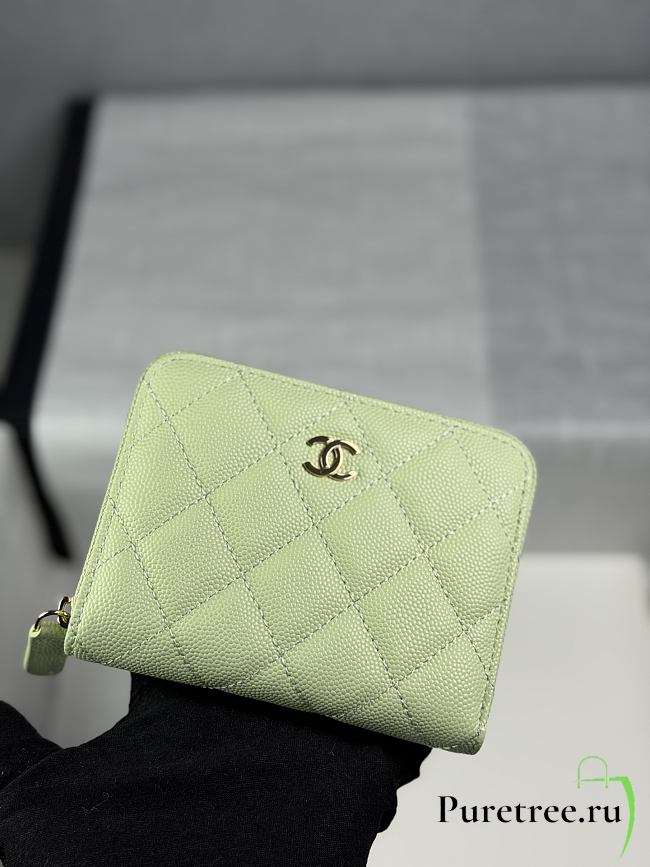 CHANEL | Zippered Coin Case Carviar Gold Hardware Light Green - 1