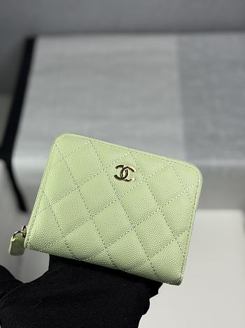 CHANEL | Zippered Coin Case Carviar Gold Hardware Light Green