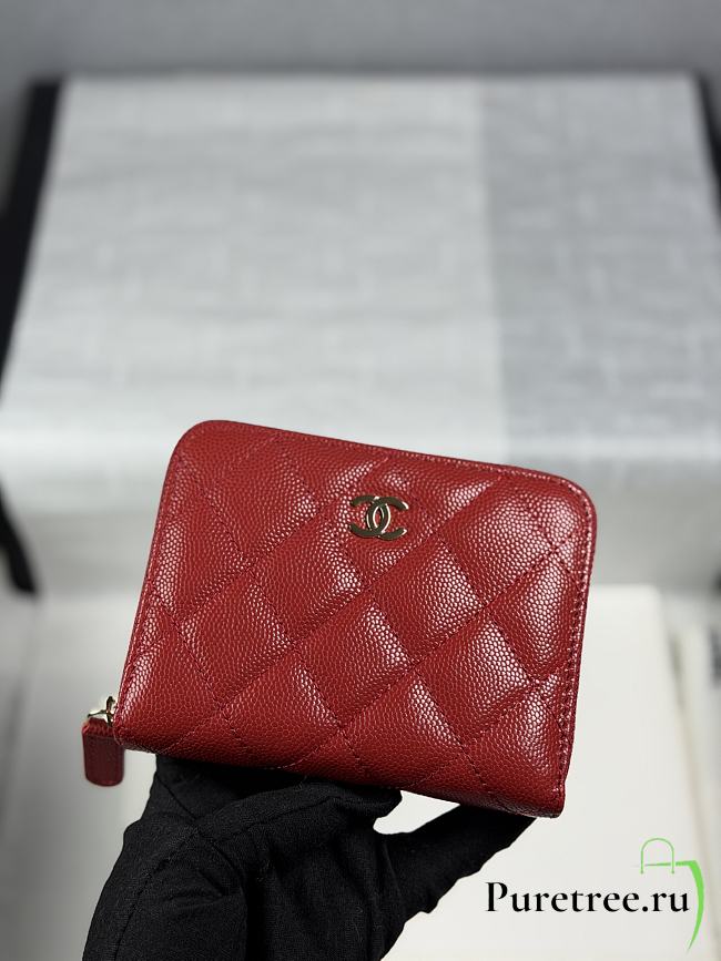 CHANEL | Zippered Coin Case Carviar Gold Hardware Red - 1