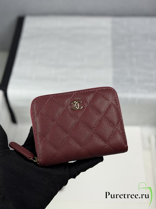 CHANEL | Zippered Coin Case Carviar Gold Hardware Burgundy - 1