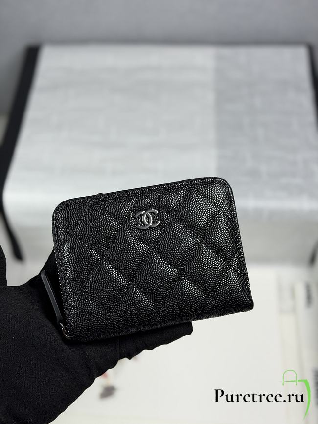 CHANEL | Zippered Coin Case Carviar Silver Hardware Black - 1
