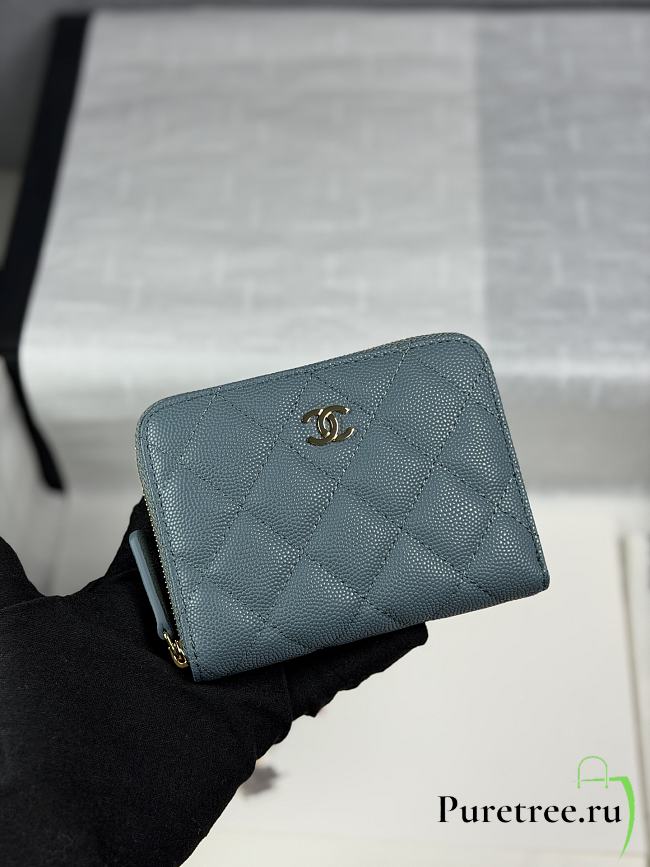 CHANEL | Zippered Coin Case Carviar Gold Hardware Blue - 1