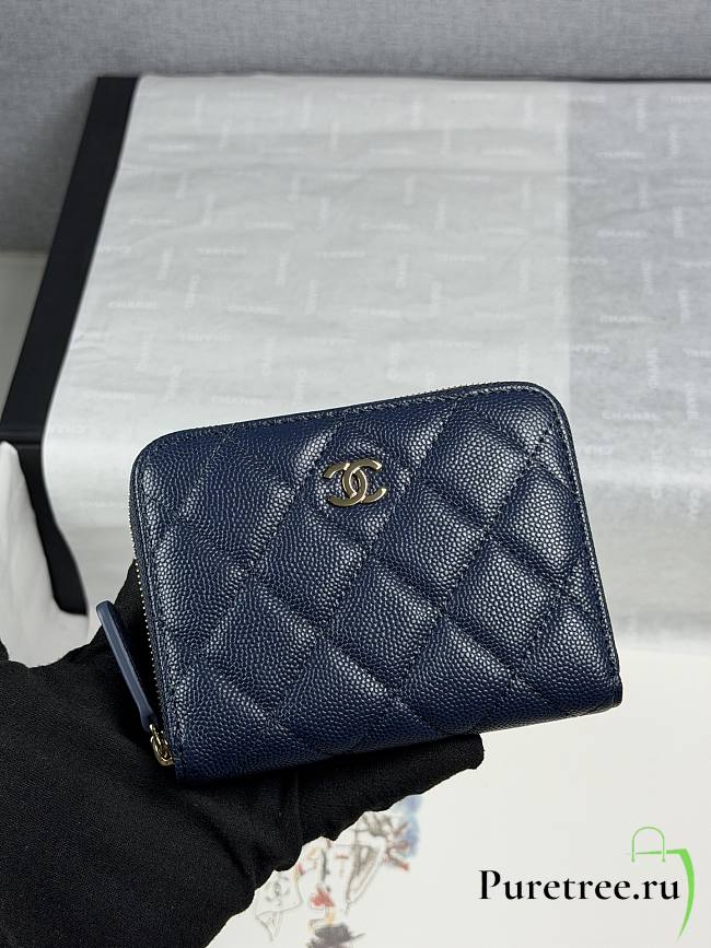 CHANEL | Zippered Coin Case Carviar Gold Hardware Dark Blue - 1