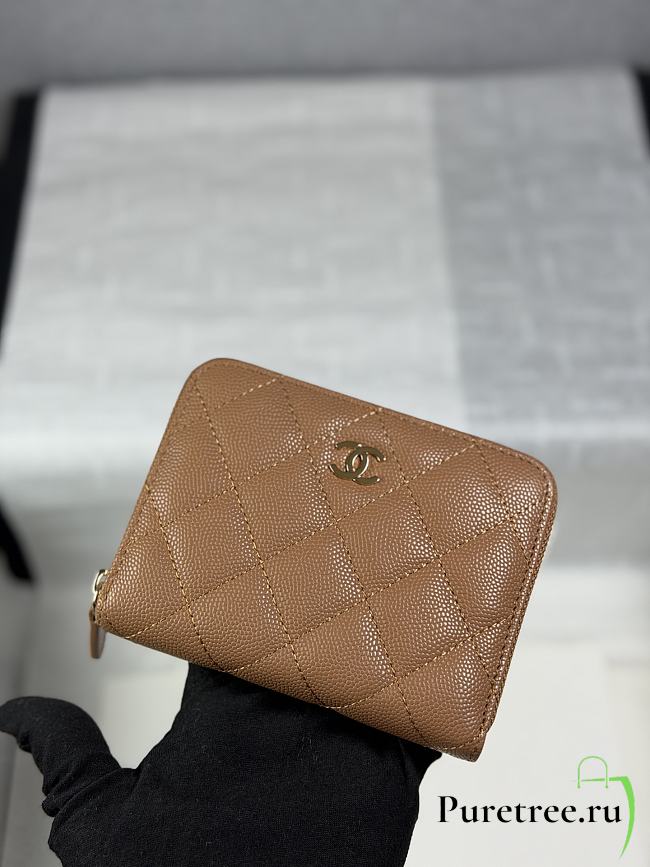 CHANEL | Zippered Coin Case Carviar Gold Hardware Brown  - 1