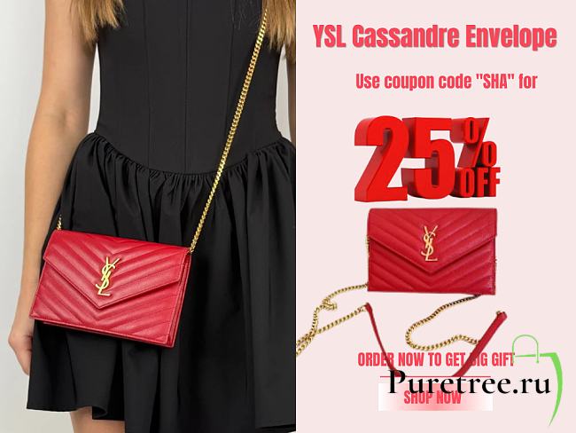 YSL | Cassandre Envelope Chain Wallet Red Grain Leather 19x11.5x4 cm - 1
