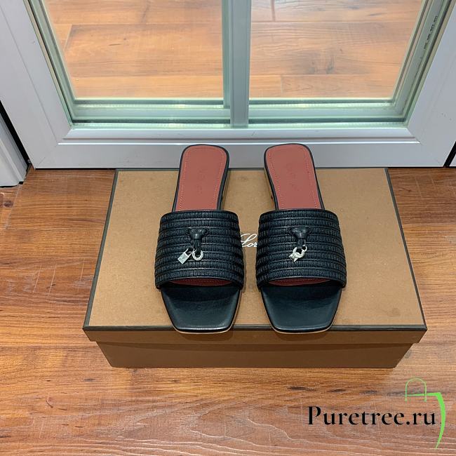 Loro Piana Womens Woven Stripe Cowhide Loafers Sandals Black - 1