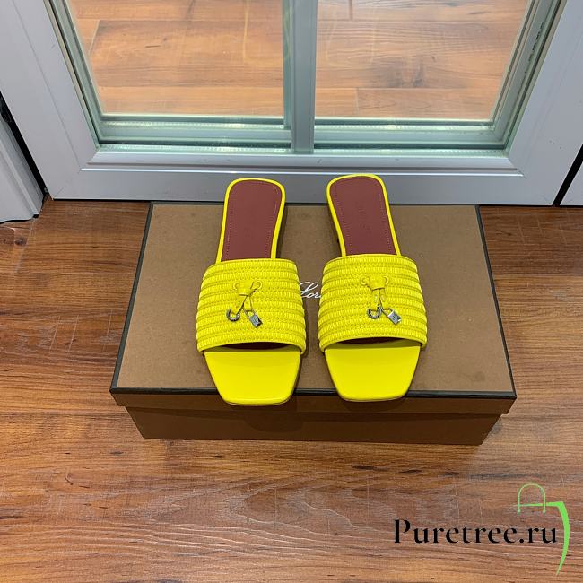 Loro Piana Womens Woven Stripe Cowhide Loafers Sandals Yellow - 1