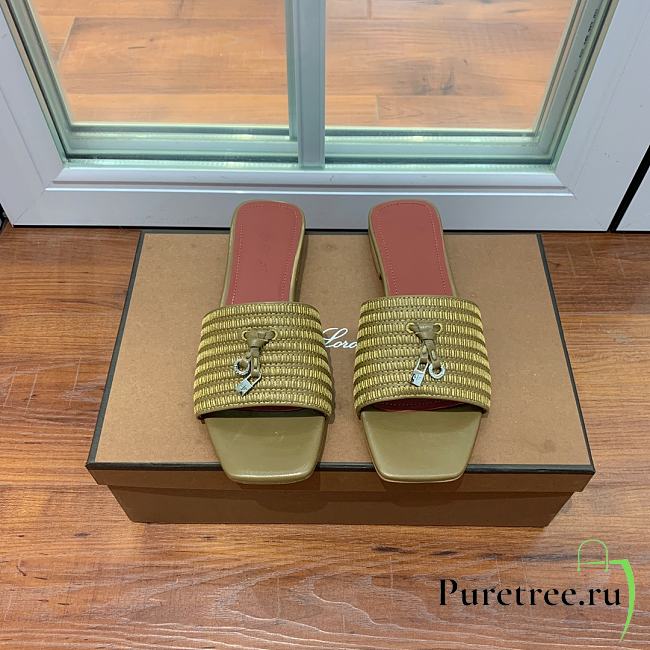 Loro Piana Womens Woven Stripe Cowhide Loafers Sandals Khaki - 1