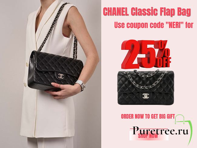 CHANEL | Classic Flap Bag Black Lambskin Silver Hardware A01112 - 25cm - 1