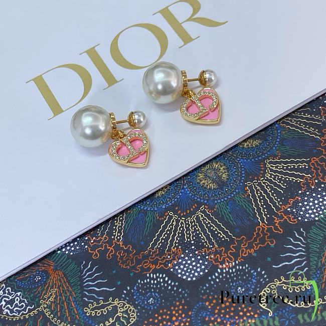 Dior Pink Heart CD Full Diamond Pearl Earrings - 1