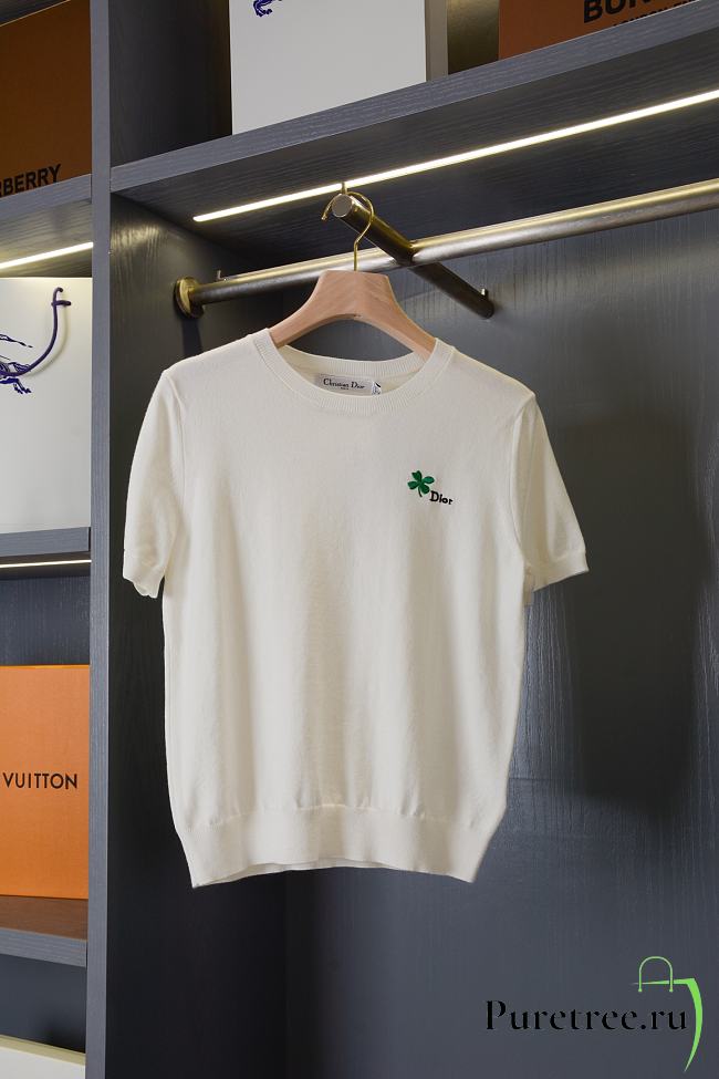 DIOR | Short-Sleeved Fitted Sweater White Wool Knit with Green - 1