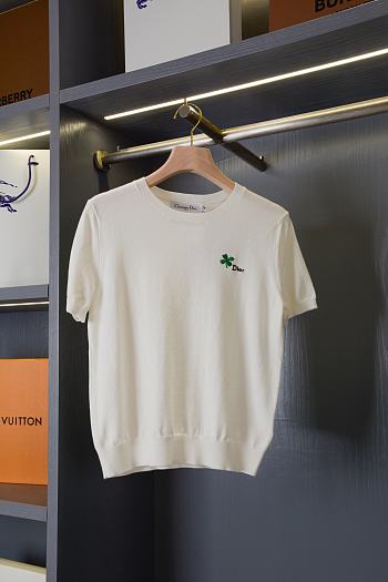 DIOR | Short-Sleeved Fitted Sweater White Wool Knit with Green