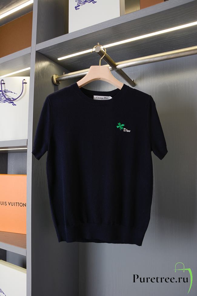 DIOR | Short-Sleeved Fitted Sweater Black Wool Knit with Green - 1