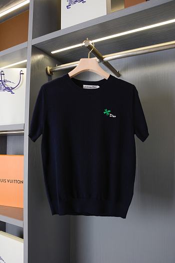 DIOR | Short-Sleeved Fitted Sweater Black Wool Knit with Green