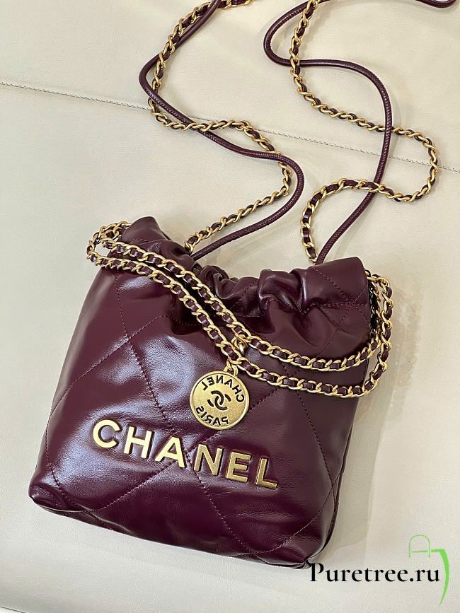 CHANEL 22 Shiny Calfskin Mini size Burgundy - 1