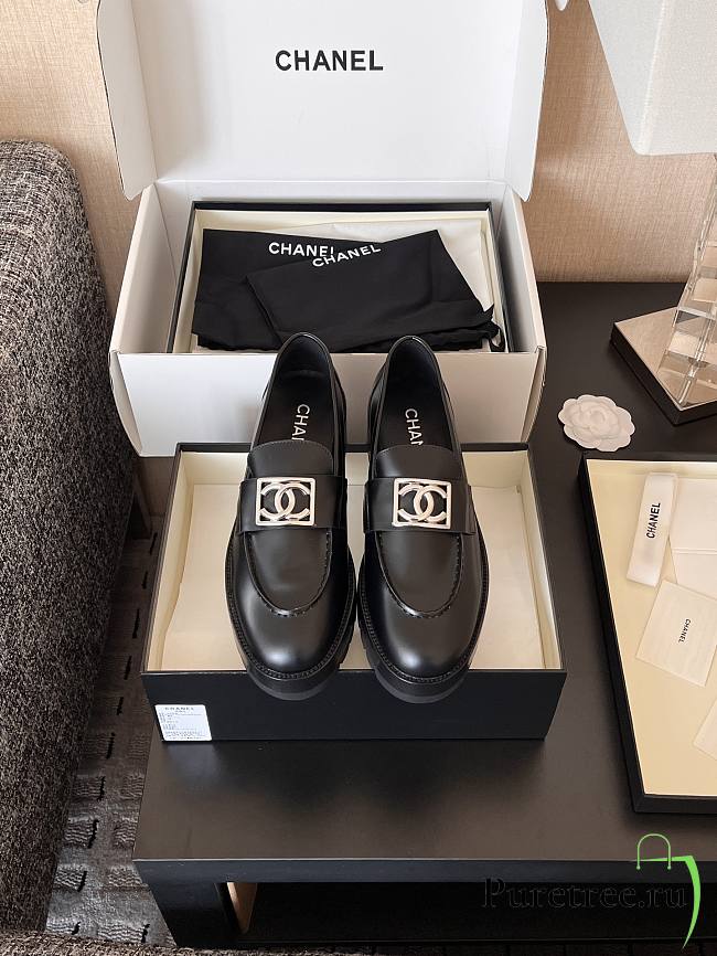 Chanel Interlocking CC Logo Loafers Silver Hardware Black - 1