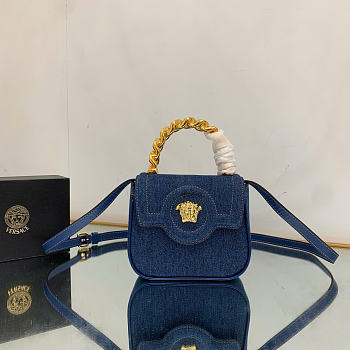VERSACE Denim Mini La Medusa Chain Top Handle Bag