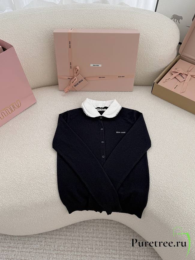 MIUMIU | Cashmere Cardigan With Embroidered Poplin Collar Black - 1
