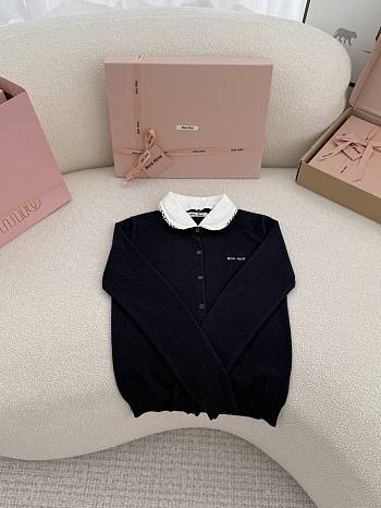 MIUMIU | Cashmere Cardigan With Embroidered Poplin Collar Black