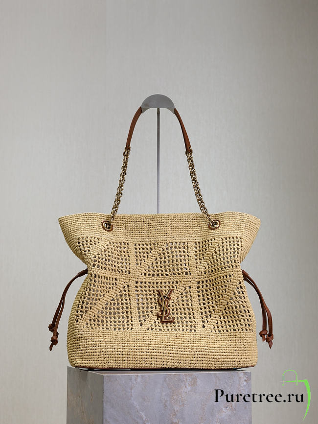 YSL | JAMIE SHOPPING in raffia bronze-tone hardware  - 1