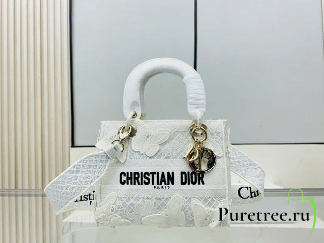 DIOR Medium Lady D-Lite Bag White D-Lace Embroidery - 1
