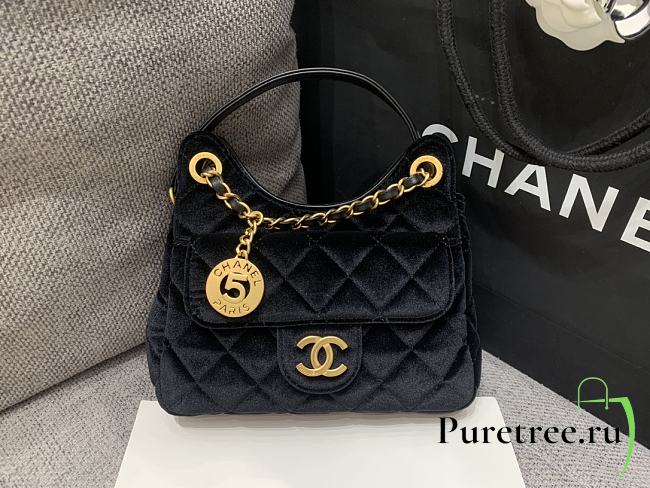 CHANEL | Velvet Quilted Small Wavy CC Hobo Black - 1