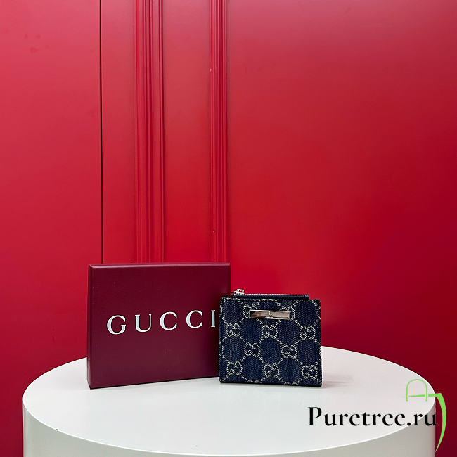 GUCCI | Small wallet with plaque in dark blue GG denim - 1