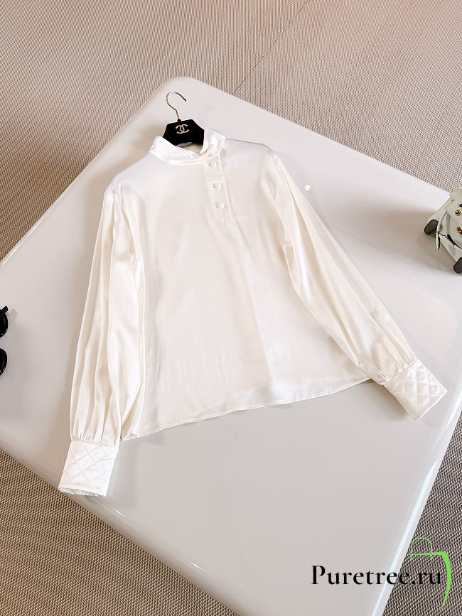 CHANEL | Half-Button Stand Collar Silk Long-Sleeve Shirt - 1