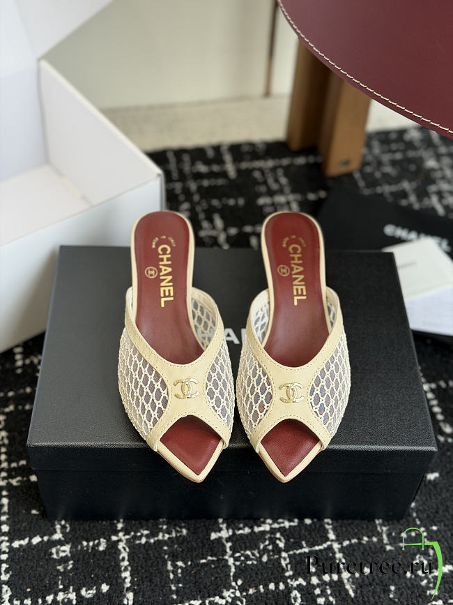 CHANEL | Mesh Pointed-Toe High-Heeled Mule Sandals Cream 3.5cm - 1