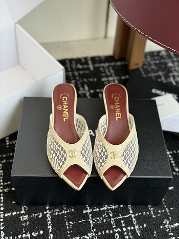CHANEL | Mesh Pointed-Toe High-Heeled Mule Sandals Cream 3.5cm