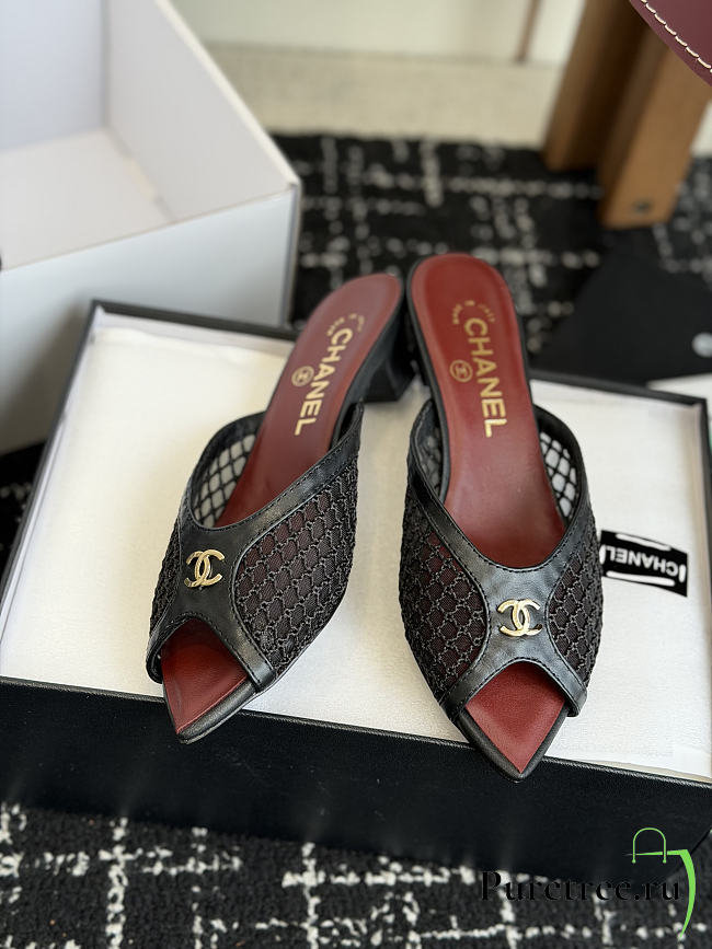 CHANEL | Mesh Pointed-Toe High-Heeled Mule Sandals Black 3.5cm - 1