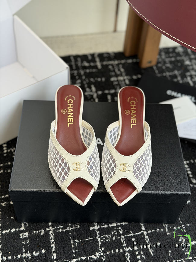 CHANEL | Mesh Pointed-Toe High-Heeled Mule Sandals White 3.5cm - 1
