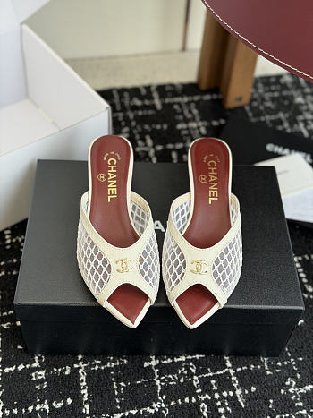 CHANEL | Mesh Pointed-Toe High-Heeled Mule Sandals White 3.5cm
