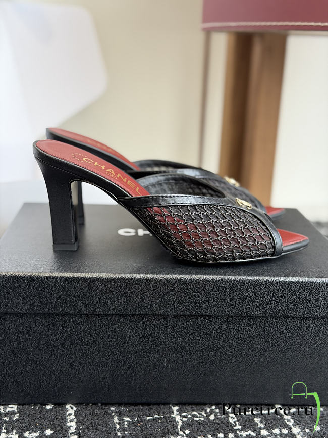 CHANEL | Mesh Pointed-Toe High-Heeled Mule Sandals Black 8cm - 1