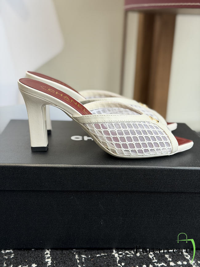 CHANEL | Mesh Pointed-Toe High-Heeled Mule Sandals White 8cm - 1
